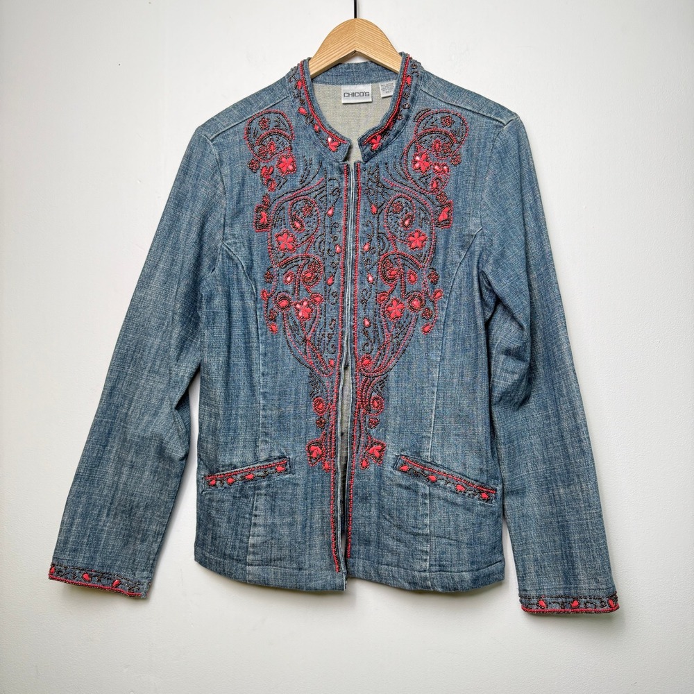 Boho Embroidered Denim Jacket Chico's Beaded Blue Red Size 1‎ Medium Jean Coat